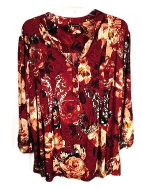 New Directions Curvy Womens Top 3X Maroon Tuck & Fold 3/4 Sleeves Floral Flowy